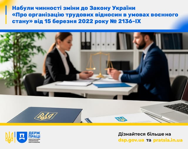 1 Банер Інформаційний матеріал Держпраці Набули чинності зміни до Закону України Про організацію трудових відносин в умовах воєнного стану від 15.03.2022 №2136 ХІ