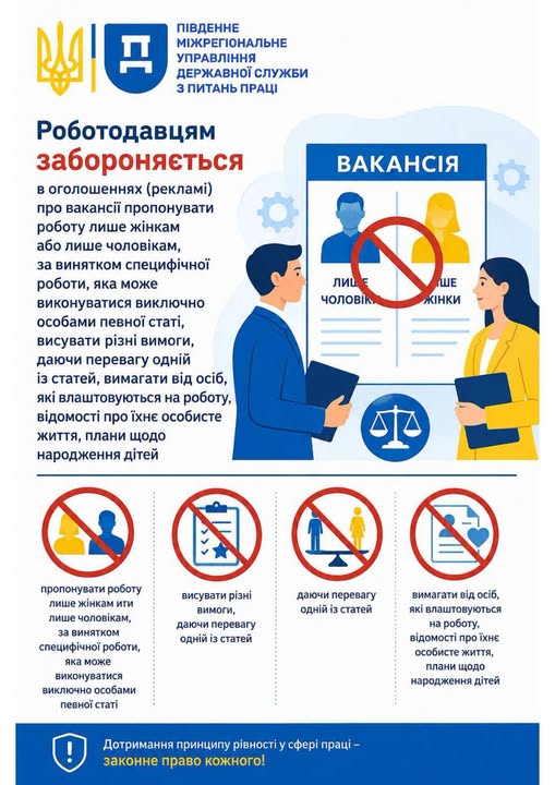 4 Банер Інформаційний матеріал ПМУ Роботодавцям забороняється в оголощеннях про вакансії пропонувати роботу лише жінкам або лише чоловікам…